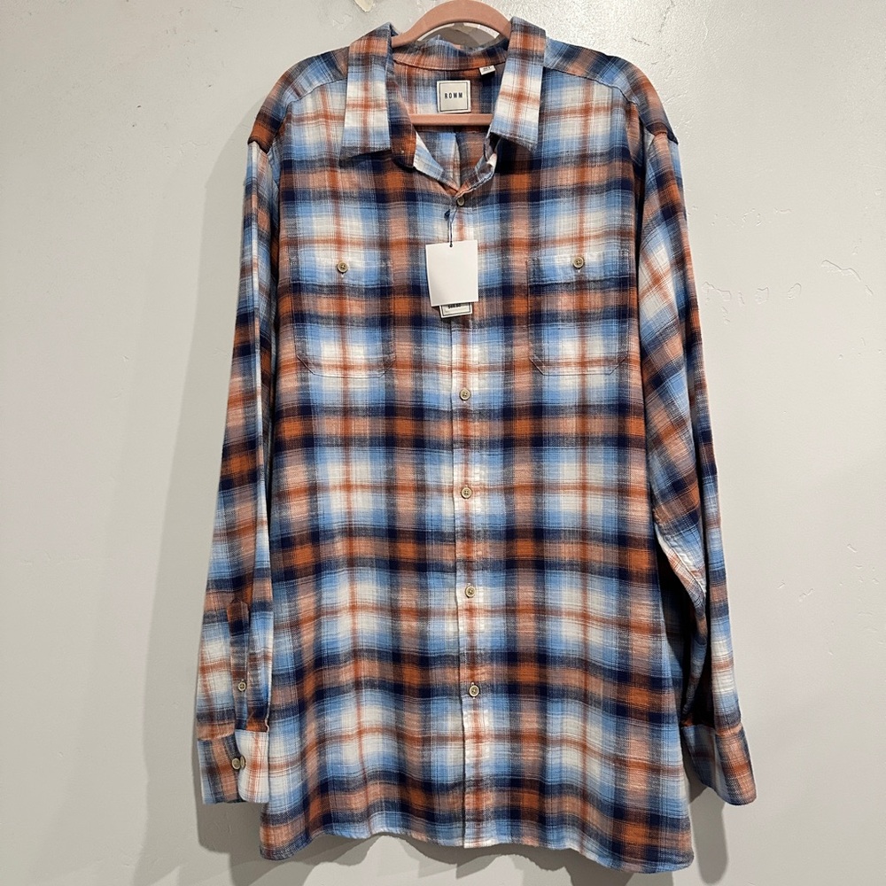 NWT ROWM Men's Blue and Orange Plaid Button Down Size 3X